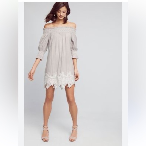 Caara Off-Shoulder Linen Dress with White Lace Appliqué Trim Pale Pink Size S - Picture 12 of 12